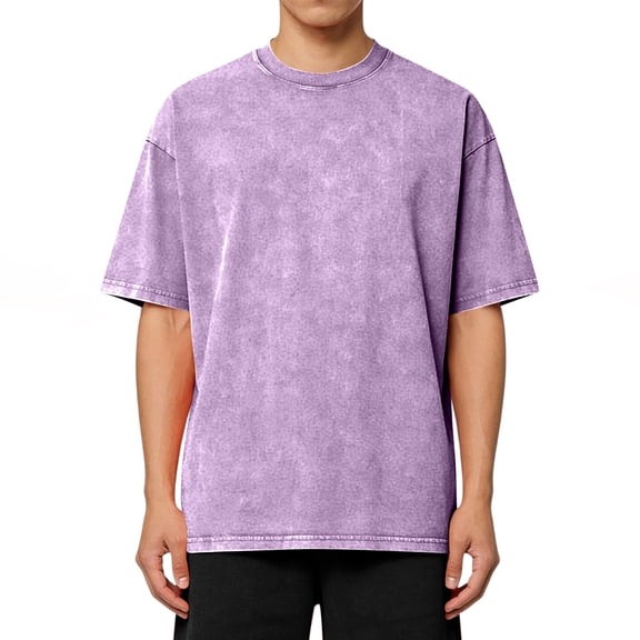 Domuza Men's Acid Washed T-Shirt, Short Sleeve, Crew Neck, Vintage Distressed Solid Basic Tee Tops Purple 3XL