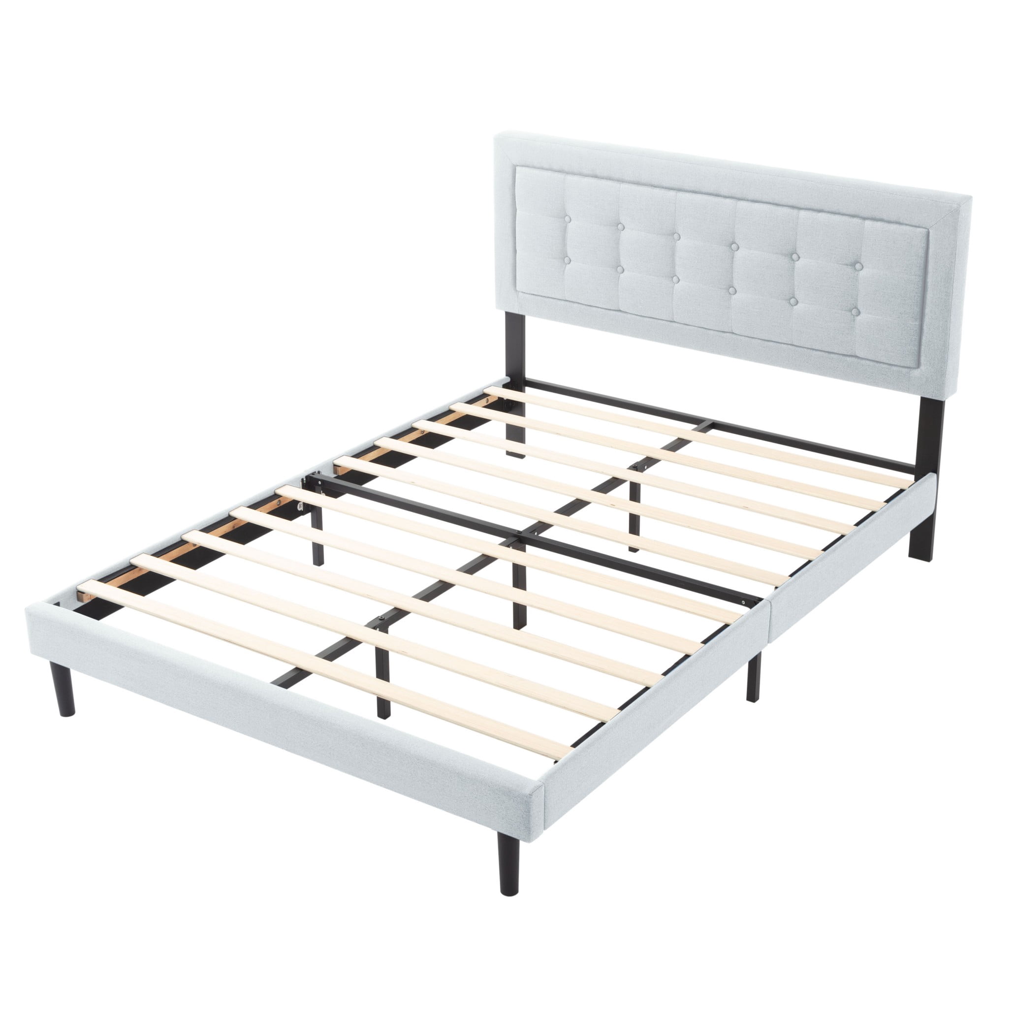 BSHTI Queen Size Platform Bed Frame with Square Tufted Upholstered Headboard – Solid Wood Frame, 12 Wood Slats, Center Support Leg, Under-Bed Clearance, No Box Spring Needed