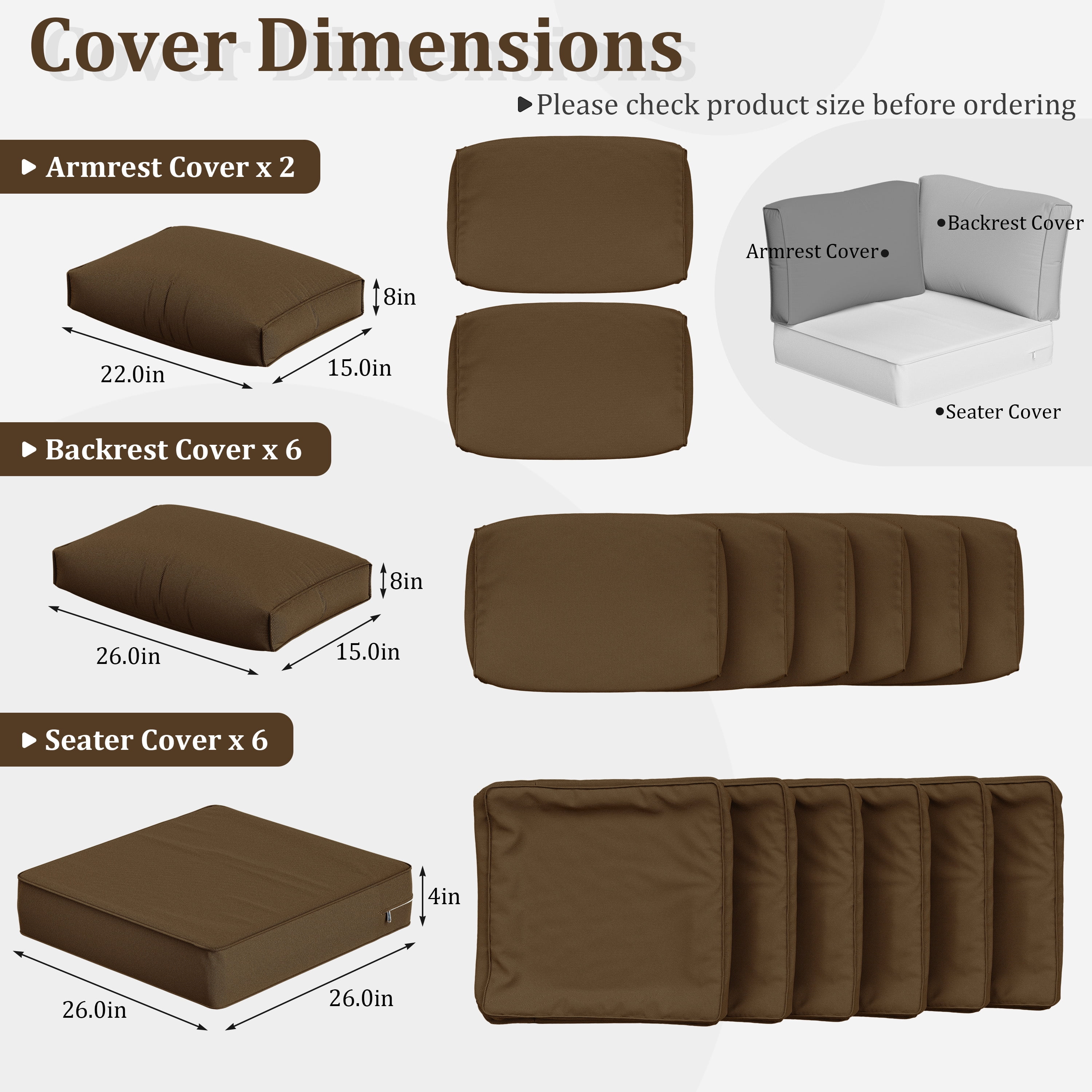 Snubbull 14 Piece 26" x 26" Patio Cushion Covers Replacement, Outdoor Patio Wicker Sofa Washable Cushion Slipcovers with Zipper, Chocolate