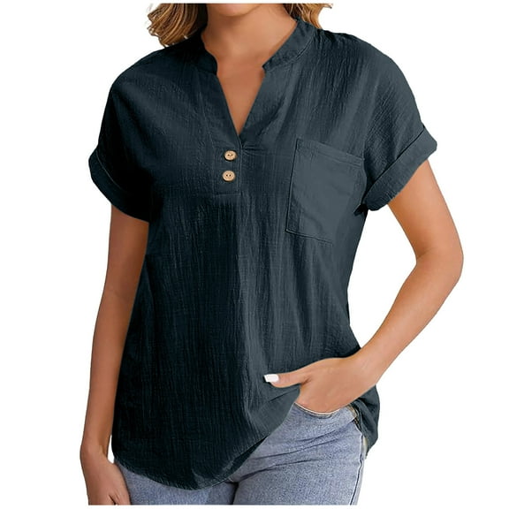 Olyvenn Linen Shirts for Women Summmer Vcation Lightweight Casual Short Sleeve Henley Tops Beach Relax Fit Tunic Blouse Dark Blue S
