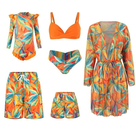 APEXFWDT Family Matching Swimsuits Two Pieces Ruffles Bikini Set Mommy and Me Bathing Suits Leaves Print Swim Trunks Swimwear Set