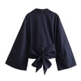 thumbnail image 4 of WEAIXIMIUNG T-Shirts pour Femmes Décontractés Col en V Chemise à Col Rabattu Boutonnée Double Popeline à Lacets Manches Longues, 4 of 8