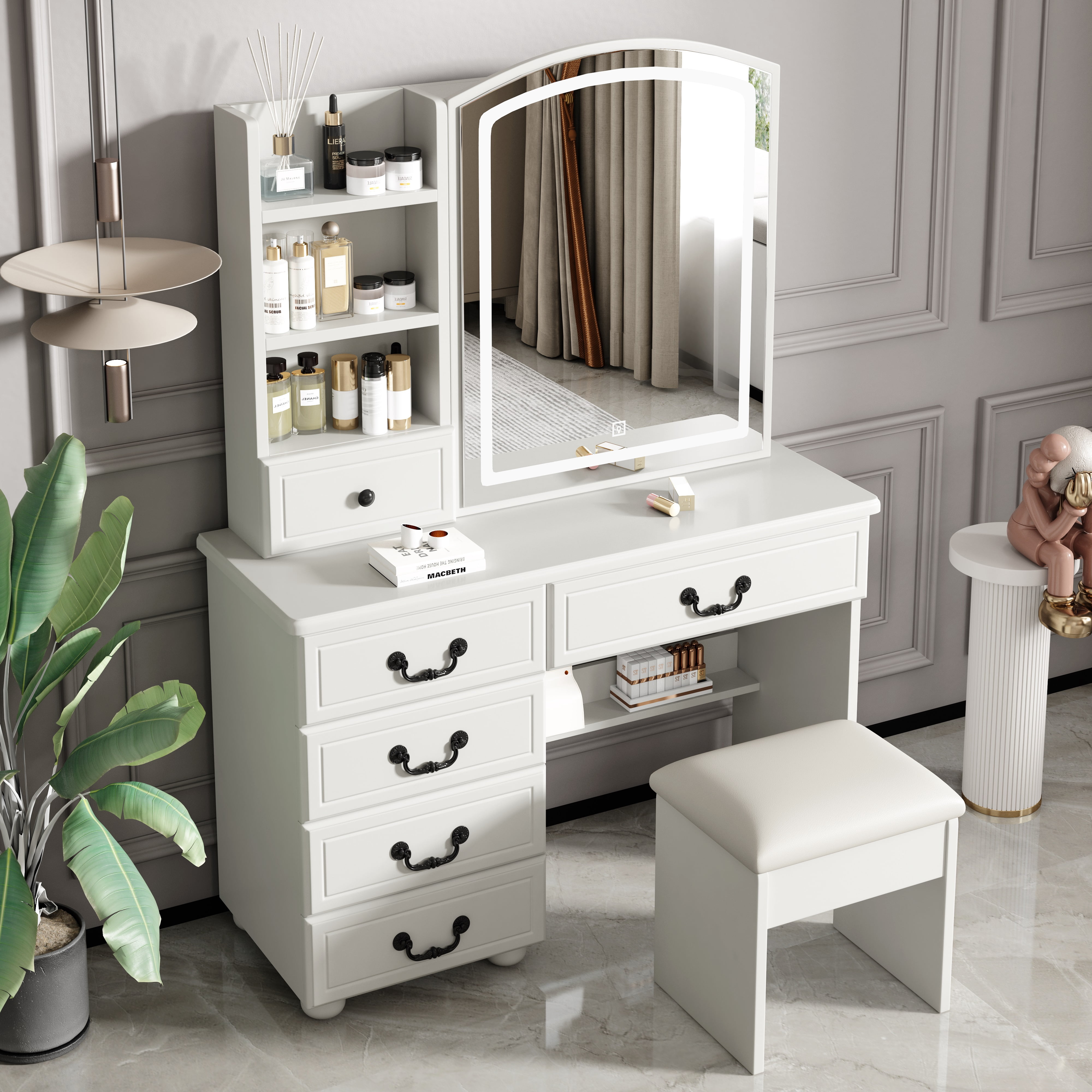Mintazer Vintage Makeup Vanity Table with Arched LED Mirror, 5 Drawers & Open Side Shelves, Dressing Table with Cushioned Stool & Flip Storage Mirror Cabinet for Bedroom Apartments, White