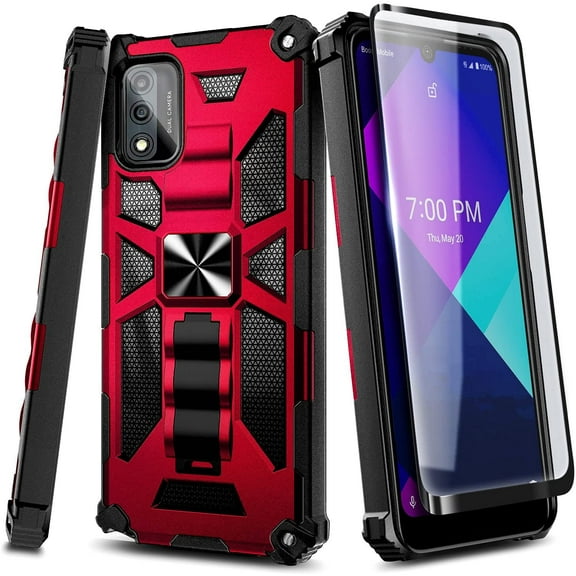 Wiko Ride 3 Phone Case with Tempered Glass Screen Protector (Full Coverage), Nagebee Full-Body Protective Shockproof [Military-Grade], Built in Kickstand, Heavy-Duty Durable Case (Red)