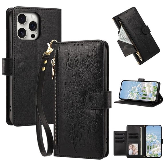 Case For iPhone 15 Pro Butterfly Flower Multi-card Holder Zipper Wallet With Lanyard Magnetic Clasp Flip Stand Leather Phone Case,Black,For iPhone 15 Pro