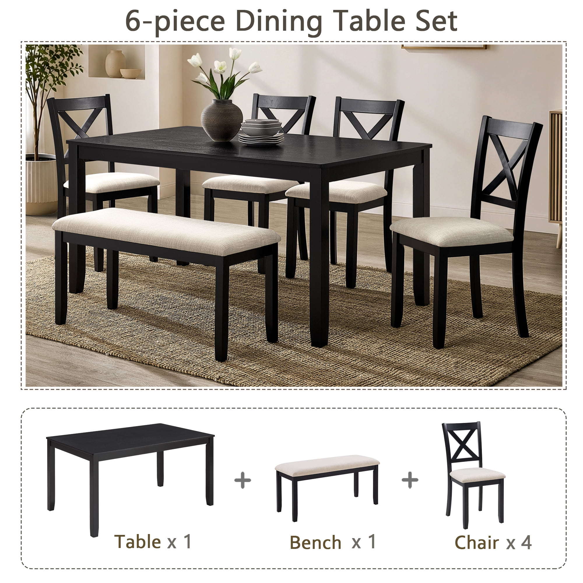 6-Piece Dining Table Set for 6, 58.5" Wood Rectangular Kitchen Table with 4 Chairs & Bench