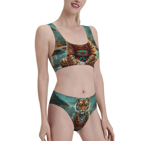 Uemuo Pond Meditating Tiger Printed Women s High Waisted Bikini Sets Sporty Two Piece Swimsuits Color Block Cheeky High Cut Bathing Suits-X-Large
