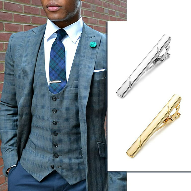 EIMELI 4 PCS Mens Tie Clip Tie Bar Set for Regular Ties Silver, Black,  Blue,Gold Tone Luxury Gift Box Wedding Business Clips 
