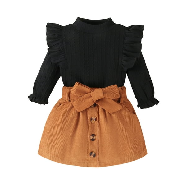 Kids Toddler Girl Fall Outfit Winter Long Sleeve Turtleneck Sweater Top Brown Belt Mini Skirt with Pocket 12M-6Y