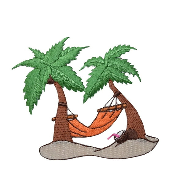 Orange Hammock/ Palm Tree - Tropical Beach Paradise - Iron On Applique/Embroidered Patch