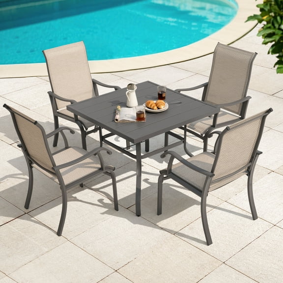 Nuu Garden 5-Piece Outdoor Metal Dining Set with 1.57'' Umbrella Hole, 4 Ergonomic Textilene Chairs with High Back and Wide Seat and 37'' Square Slatted Table, Gray and Beige