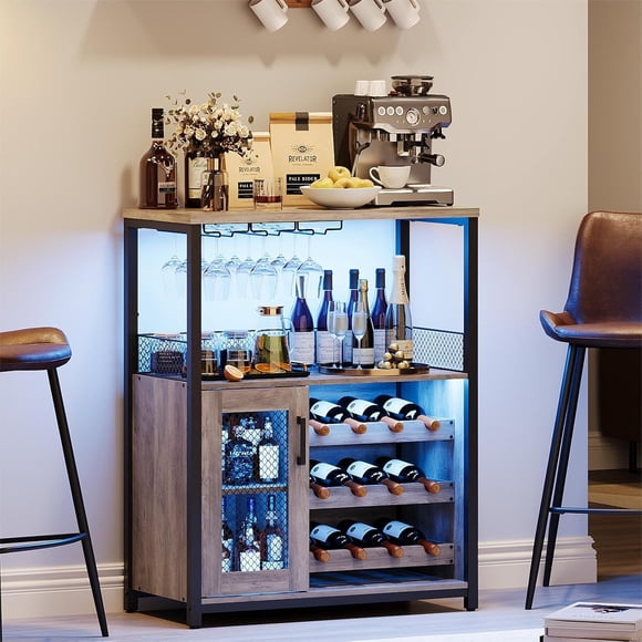 Ourlova IDEALHOUSE Wine Bar Rack Cabinet with LED Light Adjustable Shelves Coffee Bar Cabinet with Mesh Door and Baffle Design 36 in Tall Small Liquor Bar Cabinet for Home Kitchen Dinning Room Grey