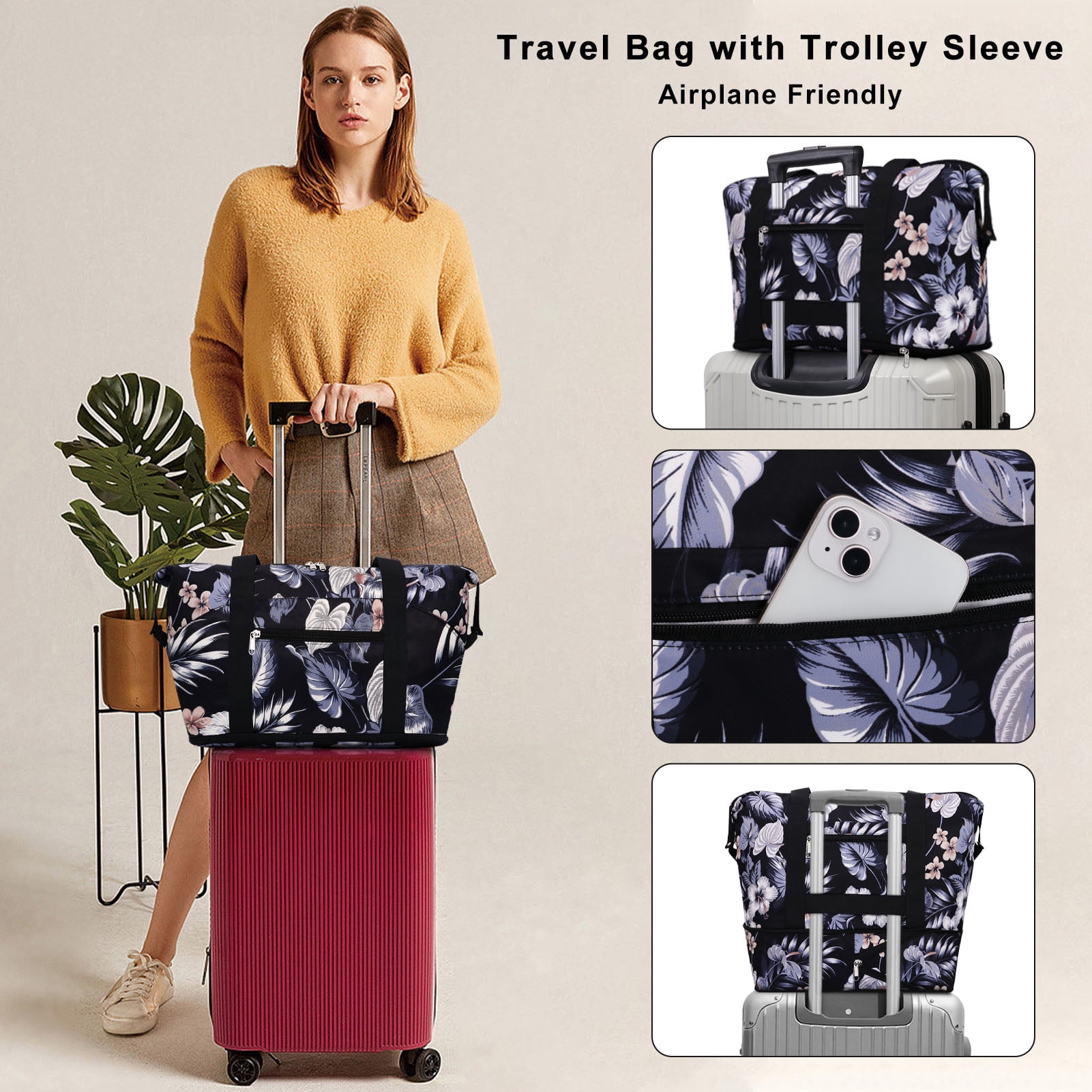 HAWEE Expandable Duffel Bag for Women with Trolley Sleeve and Wet Pocket Water Repellent Weekender Travel Tote Large Capacity Carry On Overnight Luggage for Gym/ Trip/ Camping/ Beach, Hibiscus