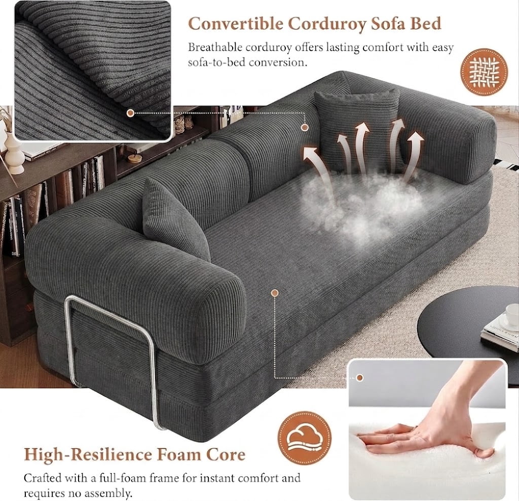 avobird 78" Convertible Sofa Bed, 5-in-1 Corduroy Futon Pull Out Couch, No Assembly Boneless Sleeper Sofa for Living Room & Bedroom, Gray
