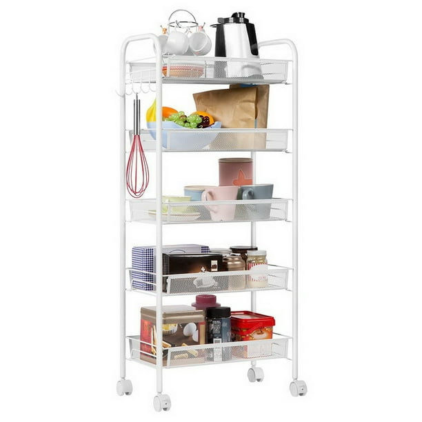 5Tier Wire Metal Mesh Shelves, Heavy Duty Utility Rolling Cart Trolley, Storage Organizer Easy