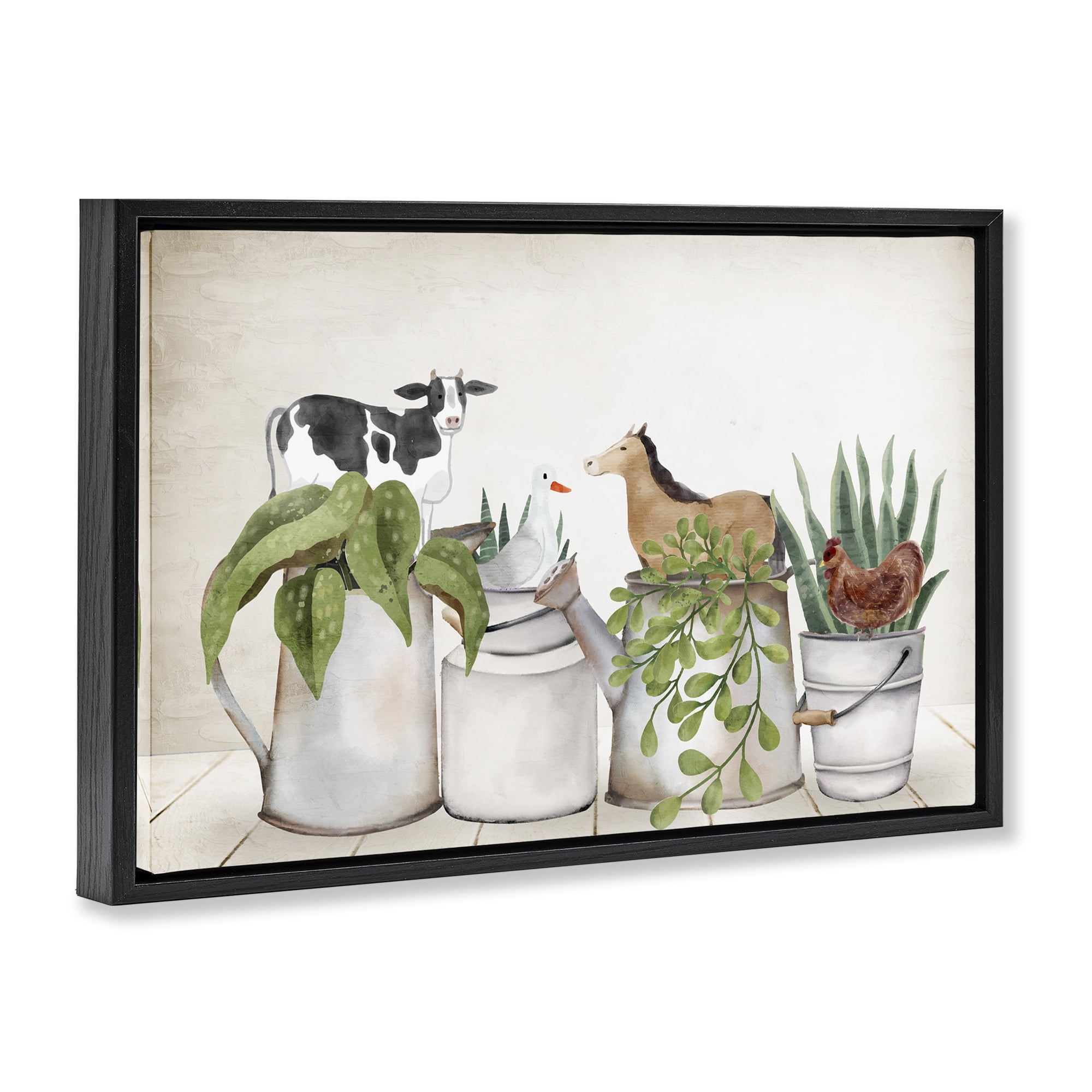 Stupell Industries Tin Farm Animal Plants Botanical & Floral Painting Black Floater Framed Canvas Art Print Wall Art, 31 x 21