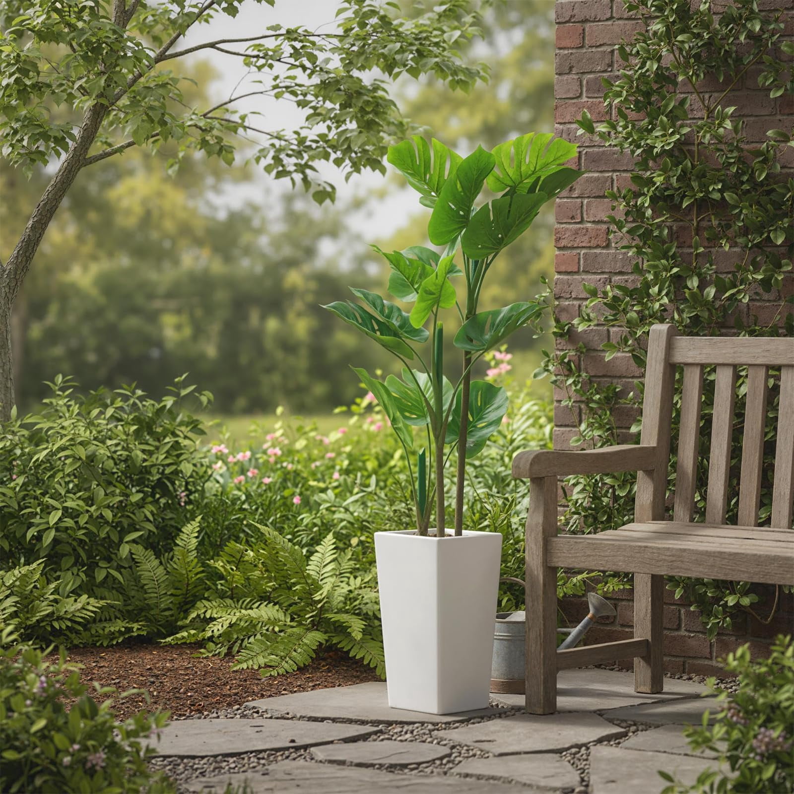 Accreate Faux Banana Tree Artificial Plant, Fake Potted Tropical Evergreen with Tall White Planter for Living Room, Entryway, Porch, or Office