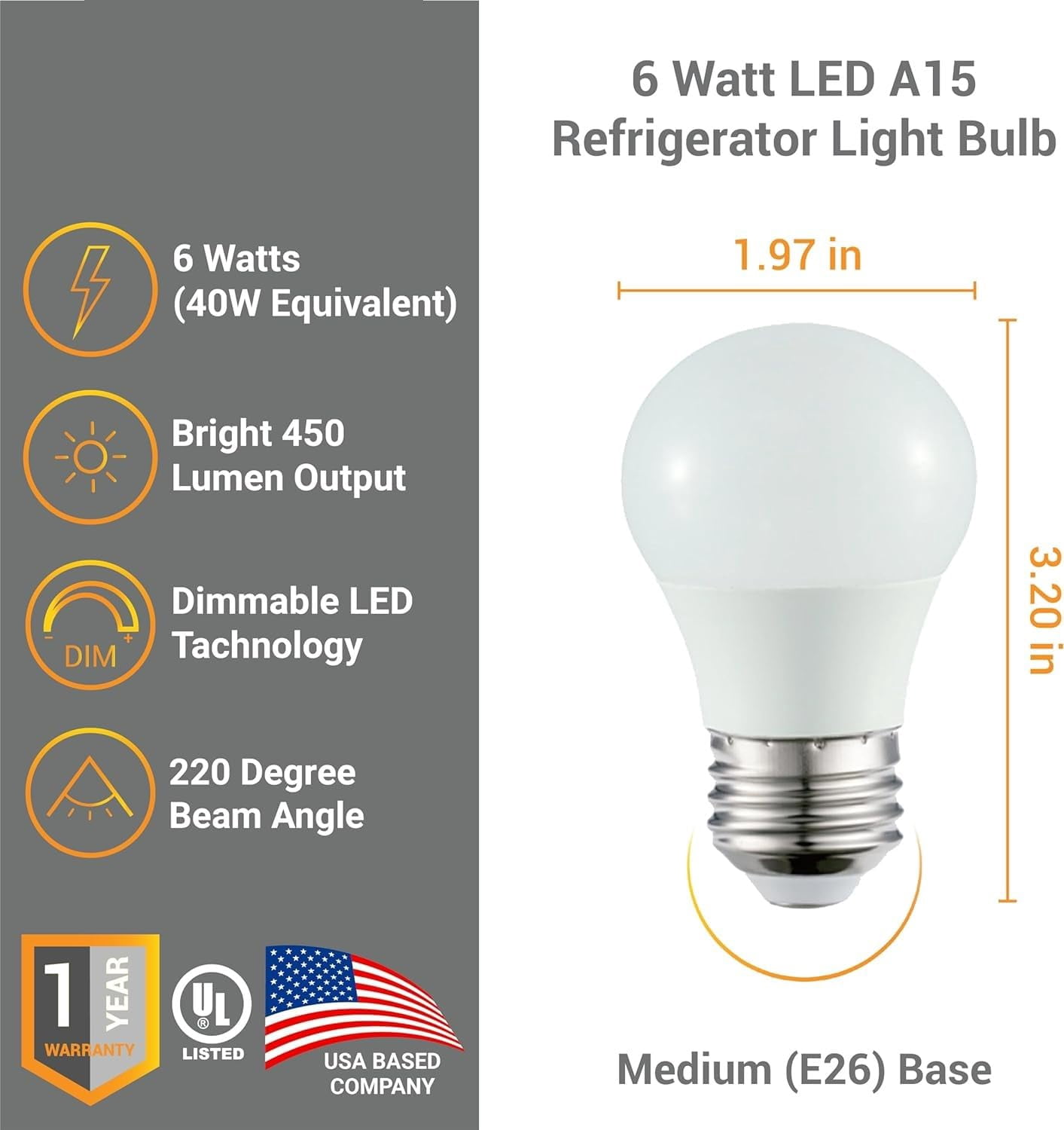 Diodesy- Pack of 6 A15/LED/6W/FR/50K LED Dimmable Bulb for Ceiling Fan, Refrigerator, Fixture and Desk Lamp, 5000K Bright White, 5.5W (40 Watts Equivalent), 450LM, Medium Base E26, Frosted Finish, UL