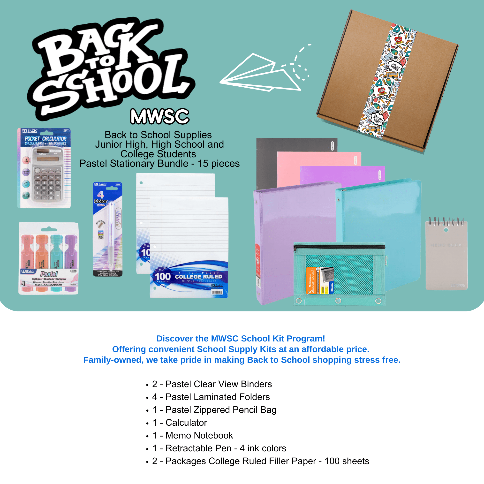 MWSC School Kits Multicolor Stationery Bundle with 100 Sheets, 15 Count