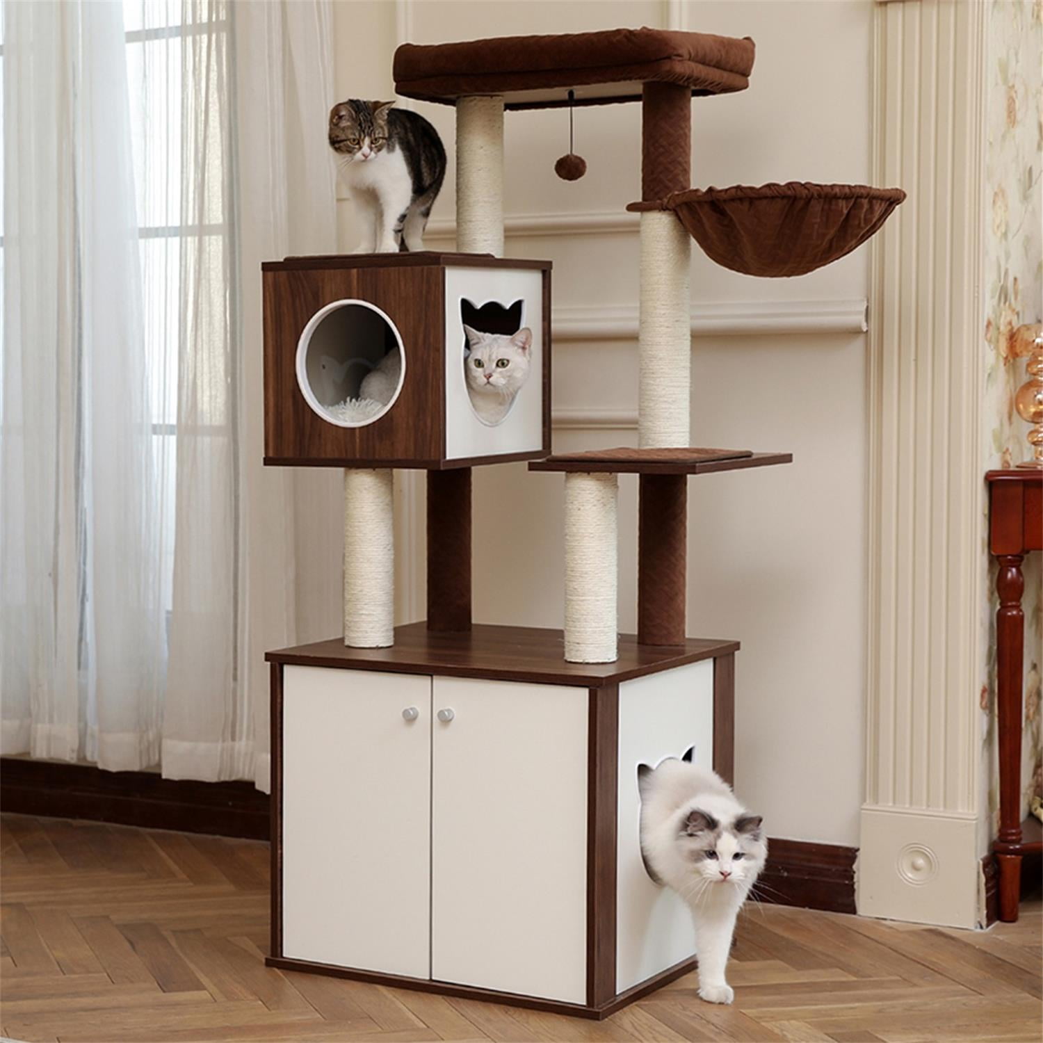 Pefilos 59" Wood Cat Tower Modern Cat Tree with Storage Cabinet Litter Box Enclosure and Cat Condo, Brown Pefilos 59" Wood Cat Tower Modern Cat Tree with Storage Cabinet Litter Box Enclosure and Cat Condo, Brown