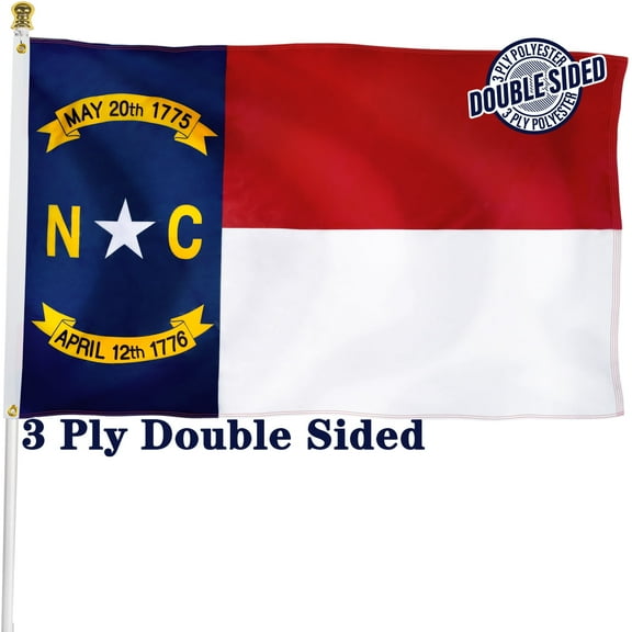 North Carolina State Flag 3x5 ft Double Sided, 3 Ply Durable Polyester, NC Flag with Vibrant Print/4 Rows Hemming/Brass Grommets