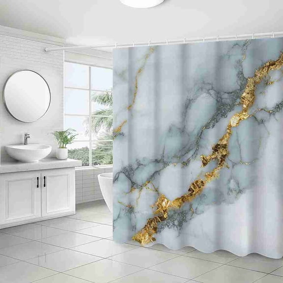 70x70 inch White Gray Gold Cracked Marble Shower Curtain, Waterproof Polyester Fabric with Hooks for Bathroom Decor