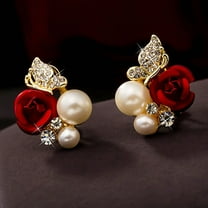 Visland Women Earrings, Fashion Red Rose Faux Pearl Alloy Ear Studs in Any Occasion 1Pair