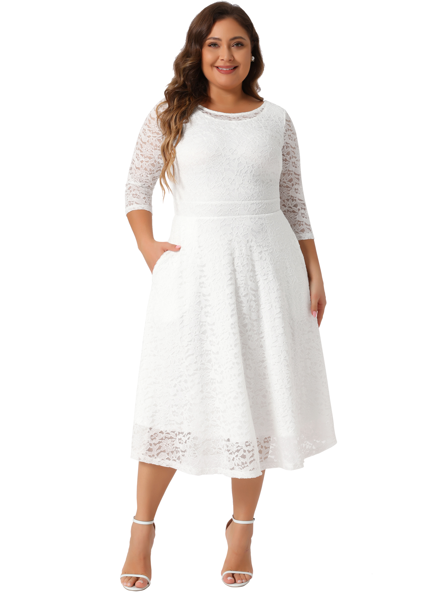 DARING DIVA Plus Size Floral Lace 3/4 Sleeves Pocket Cocktail Dress 3X White