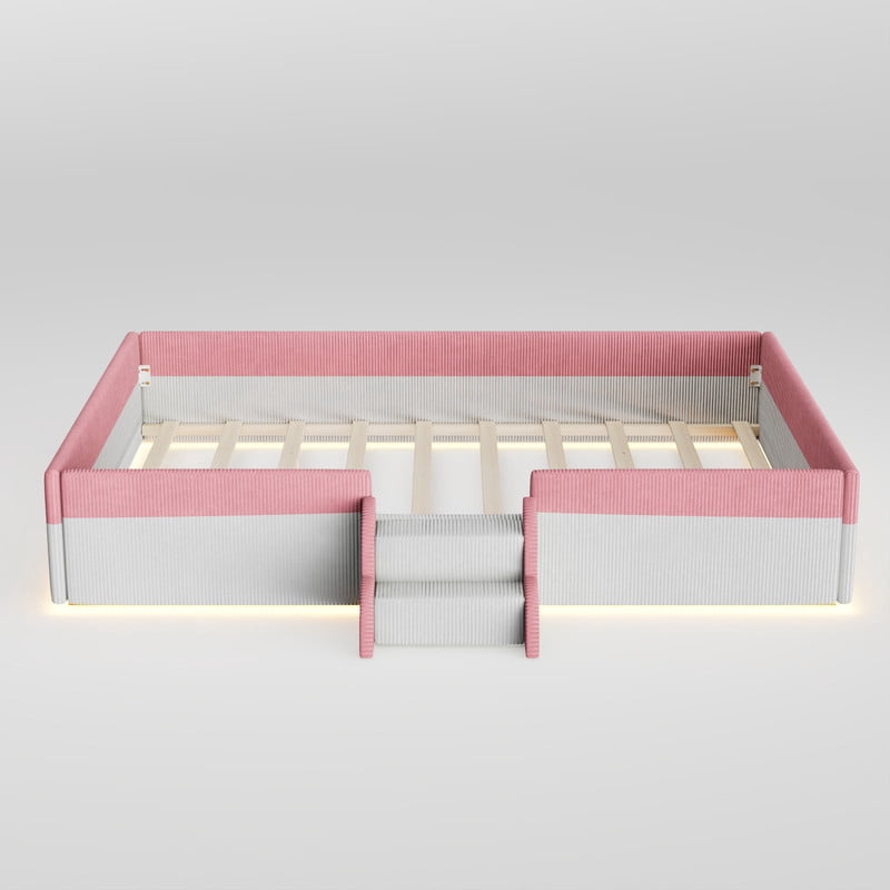 Full Size Upholstered Floor Bed with Fence, 2-Tier Steps and Smart LED Lights, Corduroy Platform Bed with Safety Guardrails, Kids Montessori Bed for Boys Girls