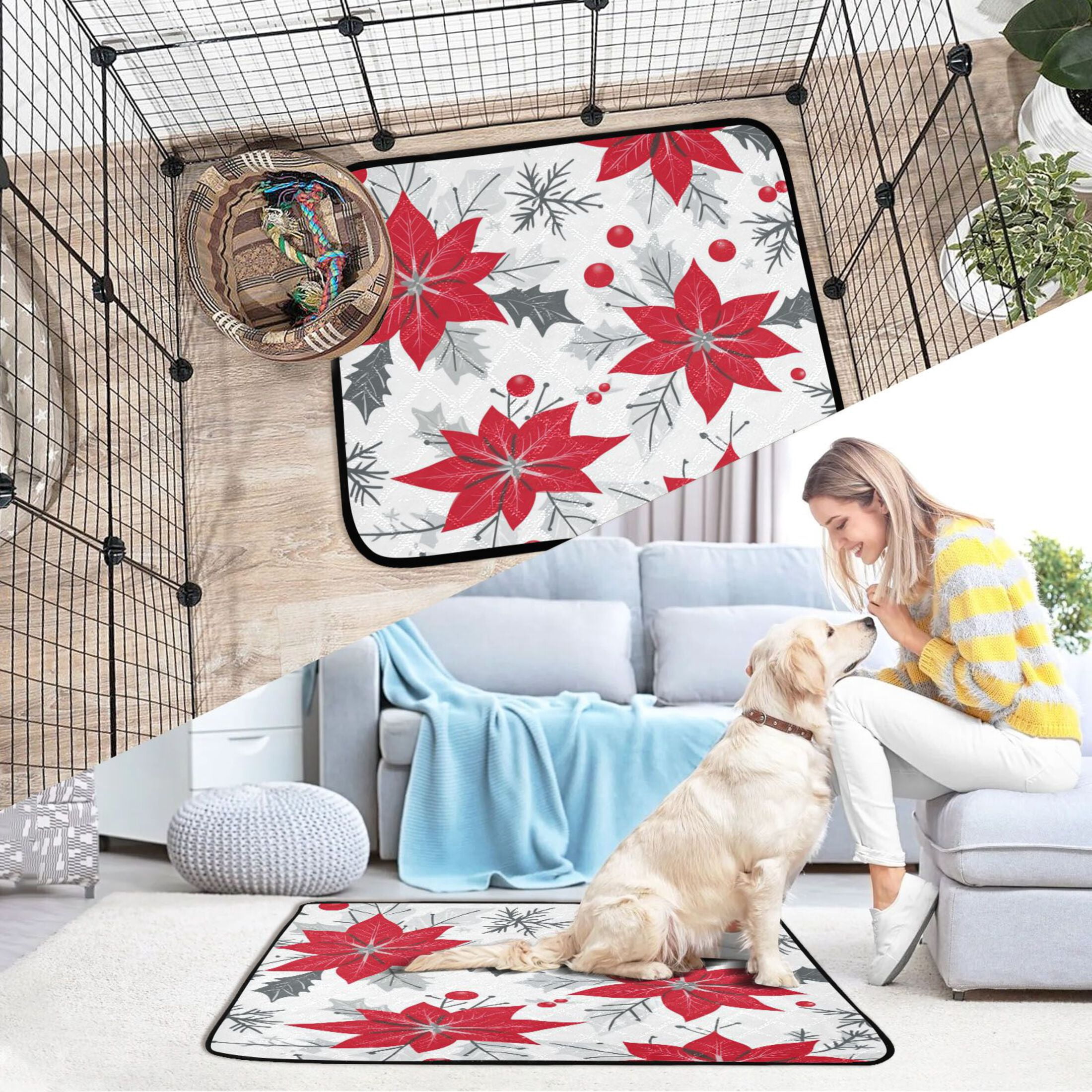 Washable Pet Pee Pads with Super Absorbent Reusable Training Pads for Dogs & Cats Red Poinsettia Pattern