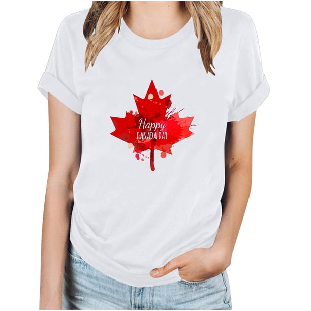Camisetas de Manga Corta para Mujeres Canadá Día Hoja de Arce Impresión Básica de Verano Tee, Cuello Redondo Camiseta Casual