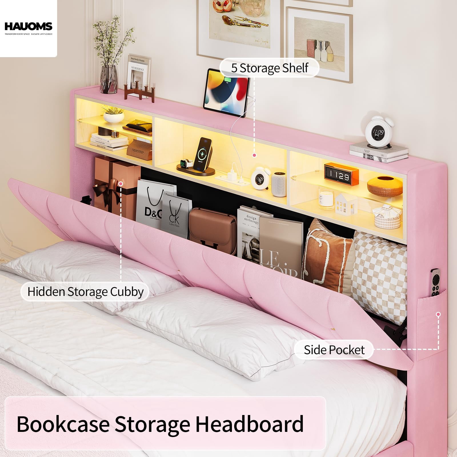 Afuhokles Full Size Bed Frame with LED Lights, Platform Bed Frame with Bookcase Headboard, Upholstered Bed with Hidden Storage, Velvet Pink