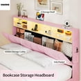 thumbnail image 3 of Afuhokles Queen Bed Frame with Storage Headboard,Power Outlet, Modern Velvet Upholstered Platform Bed LED Bed Frame with 5 Storage Shelves, Pink, 3 of 9