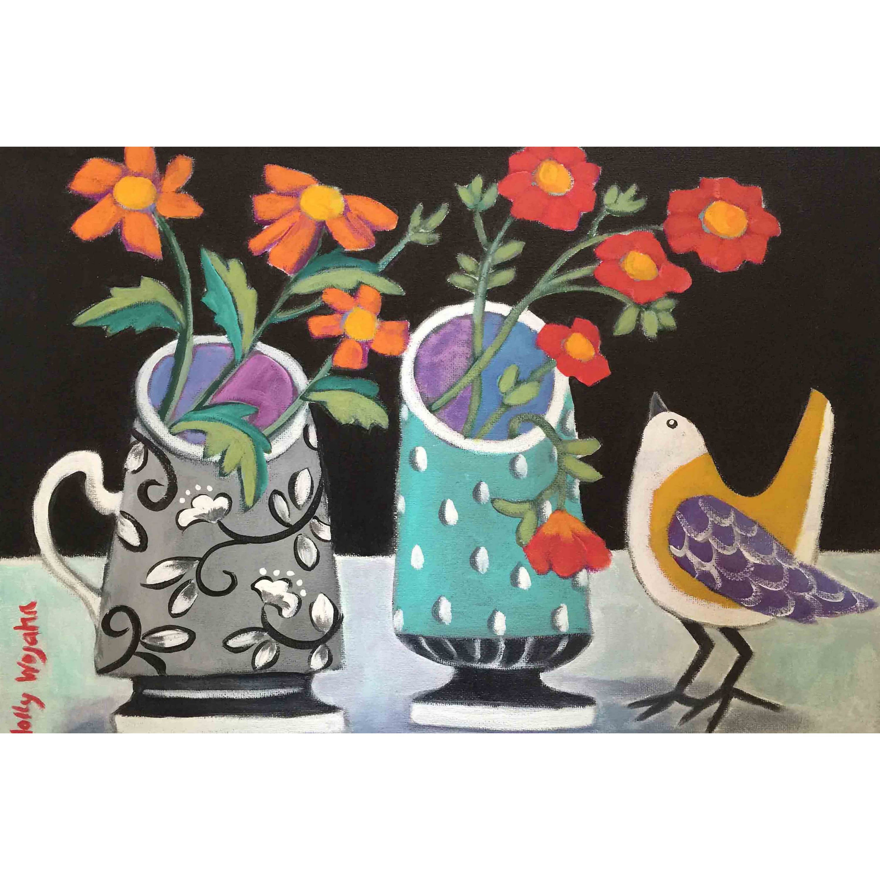 Marmont Hill "Two Cheery Vases and a Chirp" Painting Print on Canvas