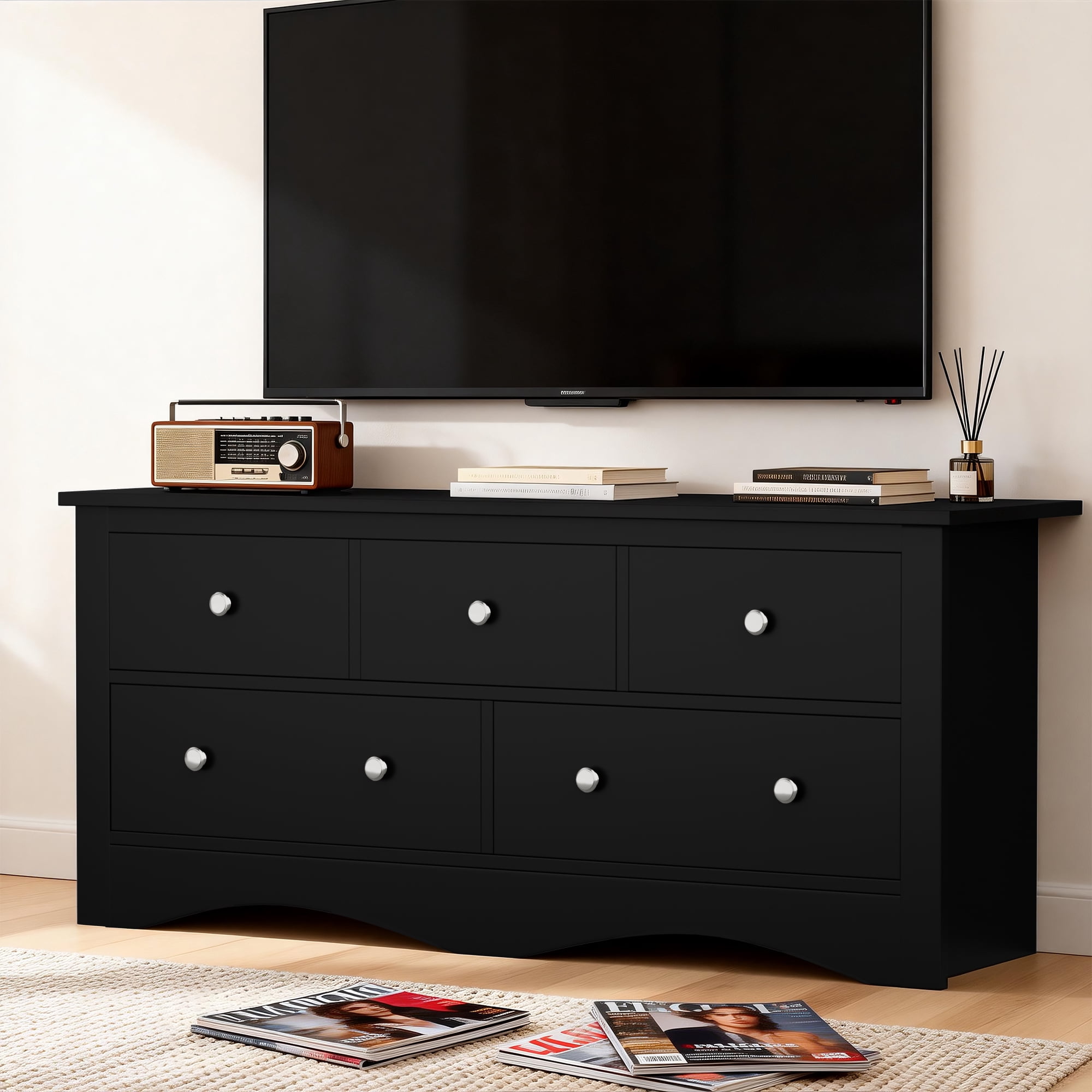 Homall 5 Drawer Double Dresser, Modern Wood Chest of Drawer for Living Room Bedroom,Black