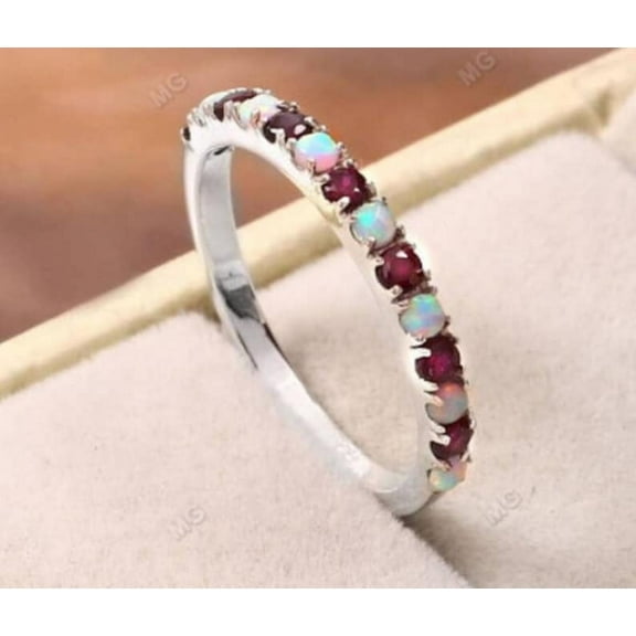 Elegant Vintage Opal & Garnet 2.50mm Eternity Wedding Ring, Stunning Anniversary Stacking Band, Timeless Women's Opal Gift for Special Occasions Silver-4