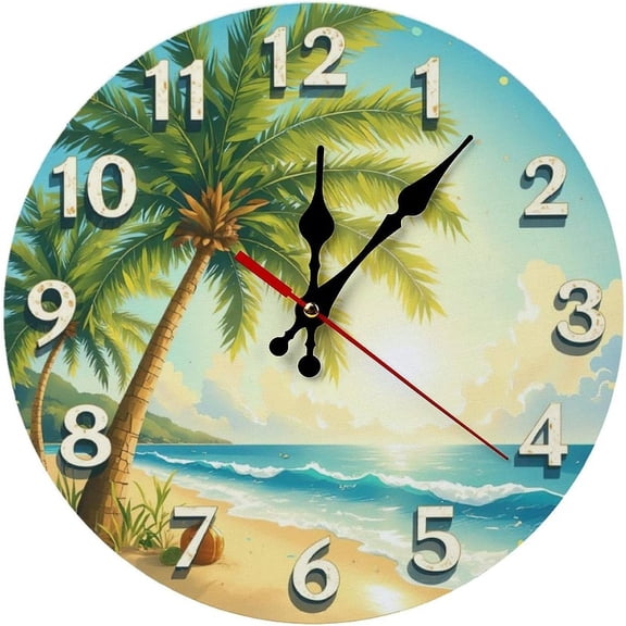 Beach Ocean Sunset Tropical Palm Trees Wall Clock 10 Inch Silent Wall Clock Battery Operated, Frameless Wooden Round Clock with Quartz Movement for Bathroom, Kitchen, Living Room, Bedroom