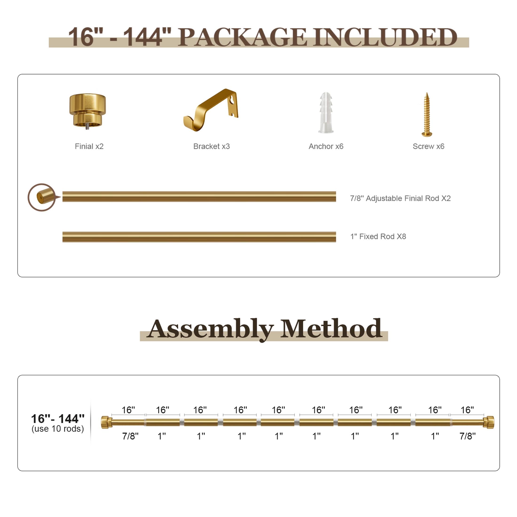 Yokila Warm Gold Curtain Rods for Windows 16 to 144 Inches Adjustable Length Heavy Duty 1" Diameter Window Curtain Rod with Solid Metal Finials for Outdoor Living Room Bedroom Farmhouse Kitchen