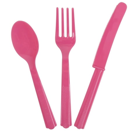 Hot Pink Plastic Cutlery Set for 8, 24pcs