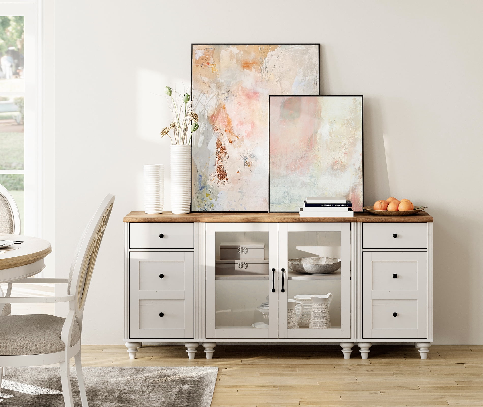 TV Stand for Up to 75 Inch TV, White Wooden Entertainment Center with Charging Station & Glass Door, Buffet Cabinet for Living Room & Dining Room