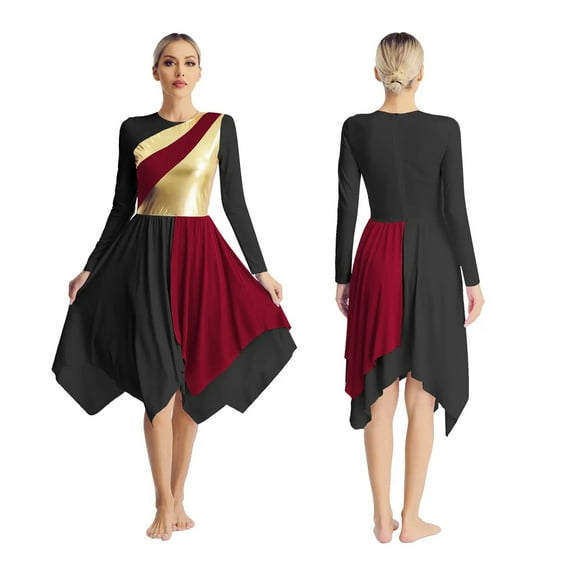 Womens Liturgical Praise Dance Worship Dress Metallic Gold Color Block Loose Fit Lyrical Dancewear