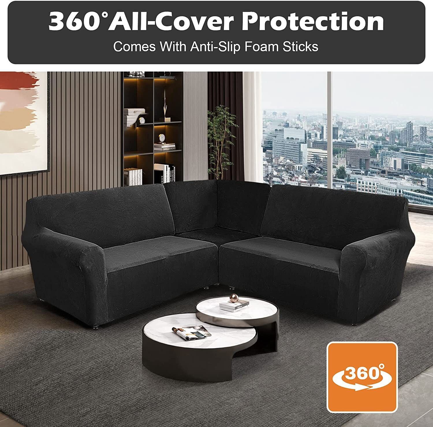 TOPCHANCES 3-Piece Velvet Recliner Sofa Covers, 7 Seat L-Shaped Corner Sofa Covers, Stretch Sectional Couch Slipcover ( Black )