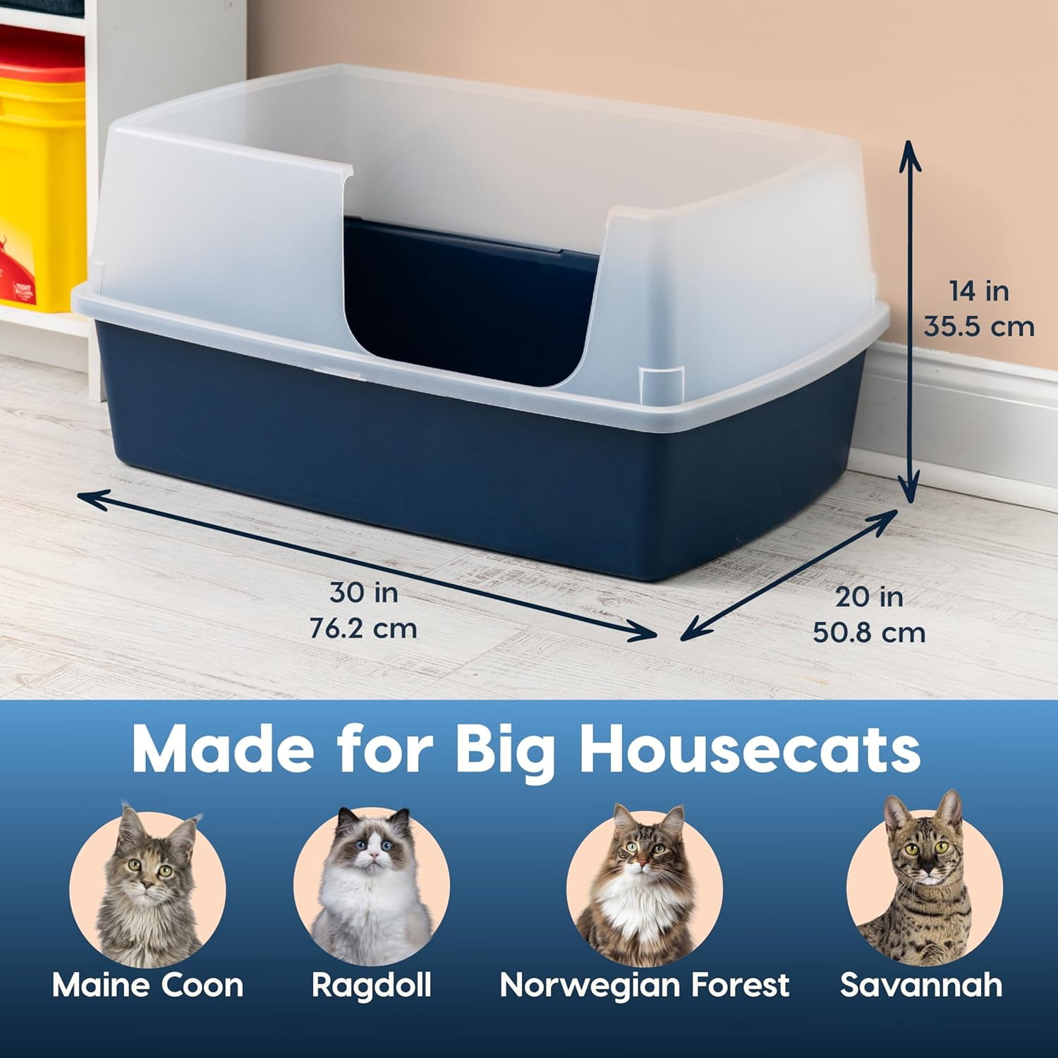 Miemie XX-Large Side Entry Cat Litter Box, Open Top Extra Large Litter Box for Big Cats and Multi-Cat Households, High Sided Scatter Shield, Easy to Clean, 30" L x 20" W x 14" H, Navy