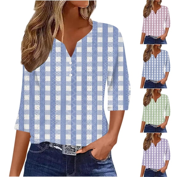 Simua 3/4 Length Sleeve Tops for Women Casual Plaid Printed Eyelet Henley V Neck Blouse Work Shirts