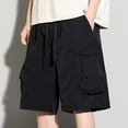 thumbnail image 4 of Men Shorts Jeans Below Knee Men's Cargo Shorts with Elastic Waist Drawstring,Plus Size Summer Wide Leg Shorts with Multi Zipper Pocket Black XXL, 4 of 8