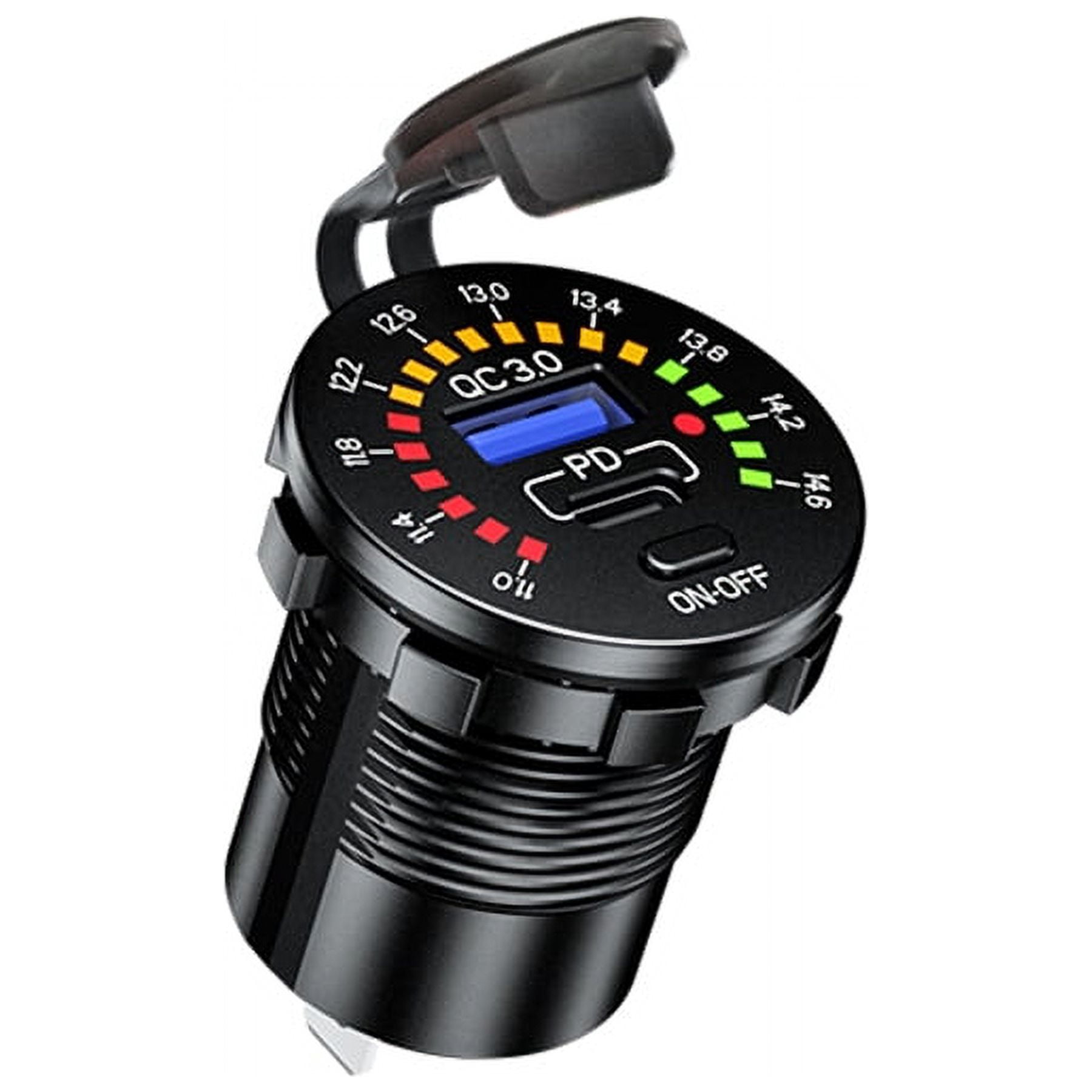 Car Dual USB Fast Charger Socket QC 3.0 +PD Type-C w/LED Voltmeter On/Off Switch