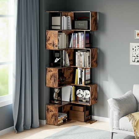 YISUFO 6-Tier Geometric Bookshelf, Corner Bookcase for Living Room, Home Office, or Bedroom | Rustic Industrial Design | Heavy-Duty Storage Organizer | Brown