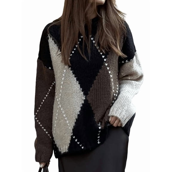Women Color Block Argyle Plaid Oversized Chunky Knit Crewneck Sweaters Black S