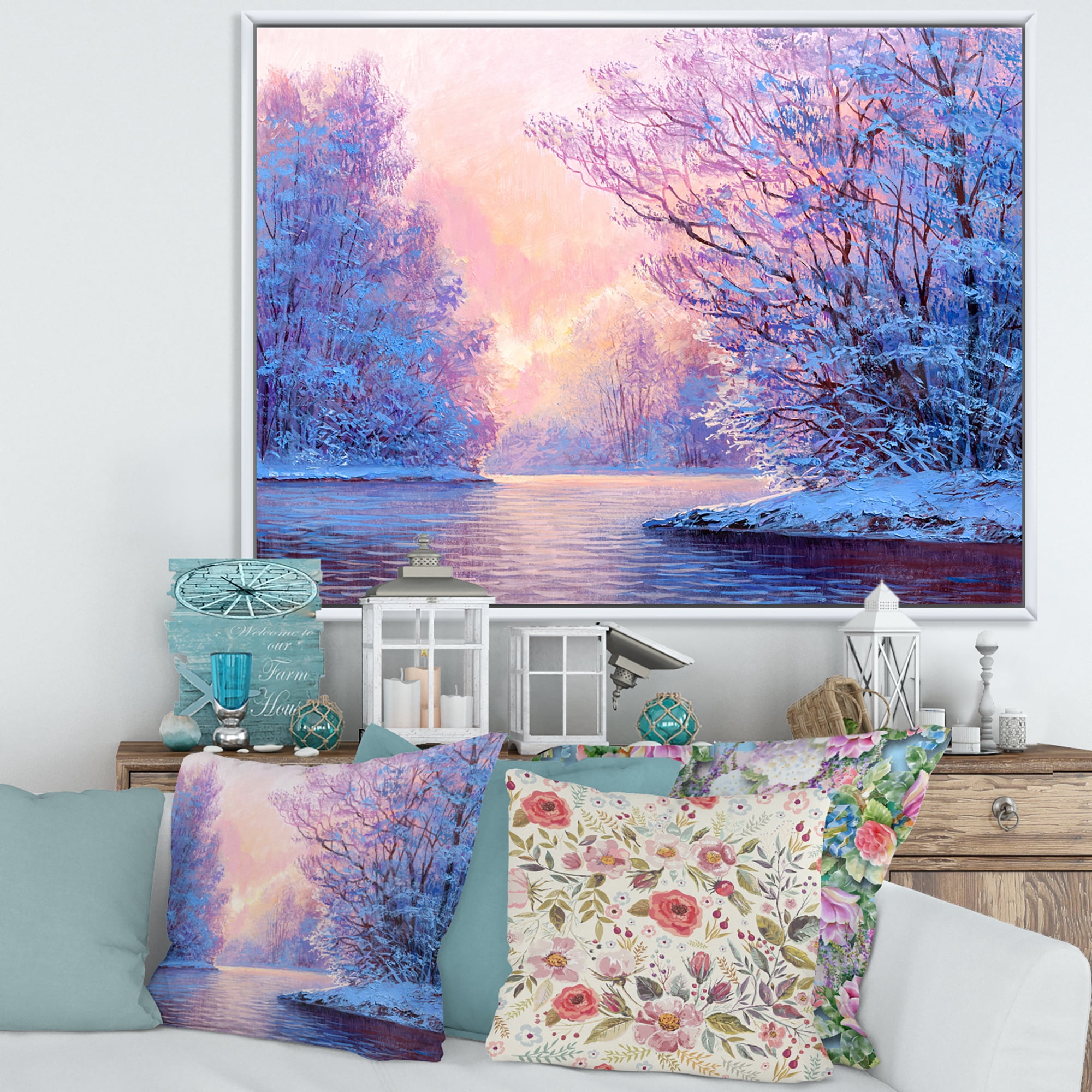 The River Original With Winter Landscape 32 in x 16 in Framed Photography Canvas Art Print, by Designart