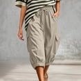 thumbnail image 2 of Womens Cargo Capri Pants, Elastic Waist Drawstring Cropped Pants with Multi Pockets, Outdoor, Walking Casual Workout Wear | VerBelle,Khaki L, 2 of 7